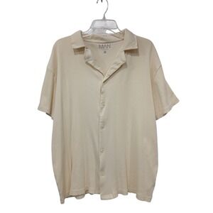 BoohooMAN Mens XL Cream Ribbed Cotton Short Sleeve Button Down Camp Collar Shirt